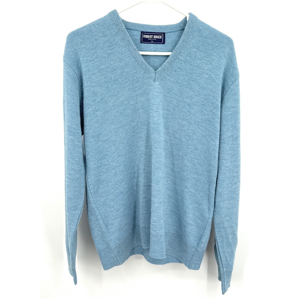 Vintage Robert‎ Bruce Sweater Mens L Blue V Neck Soft Made USA Tight Knit 90s